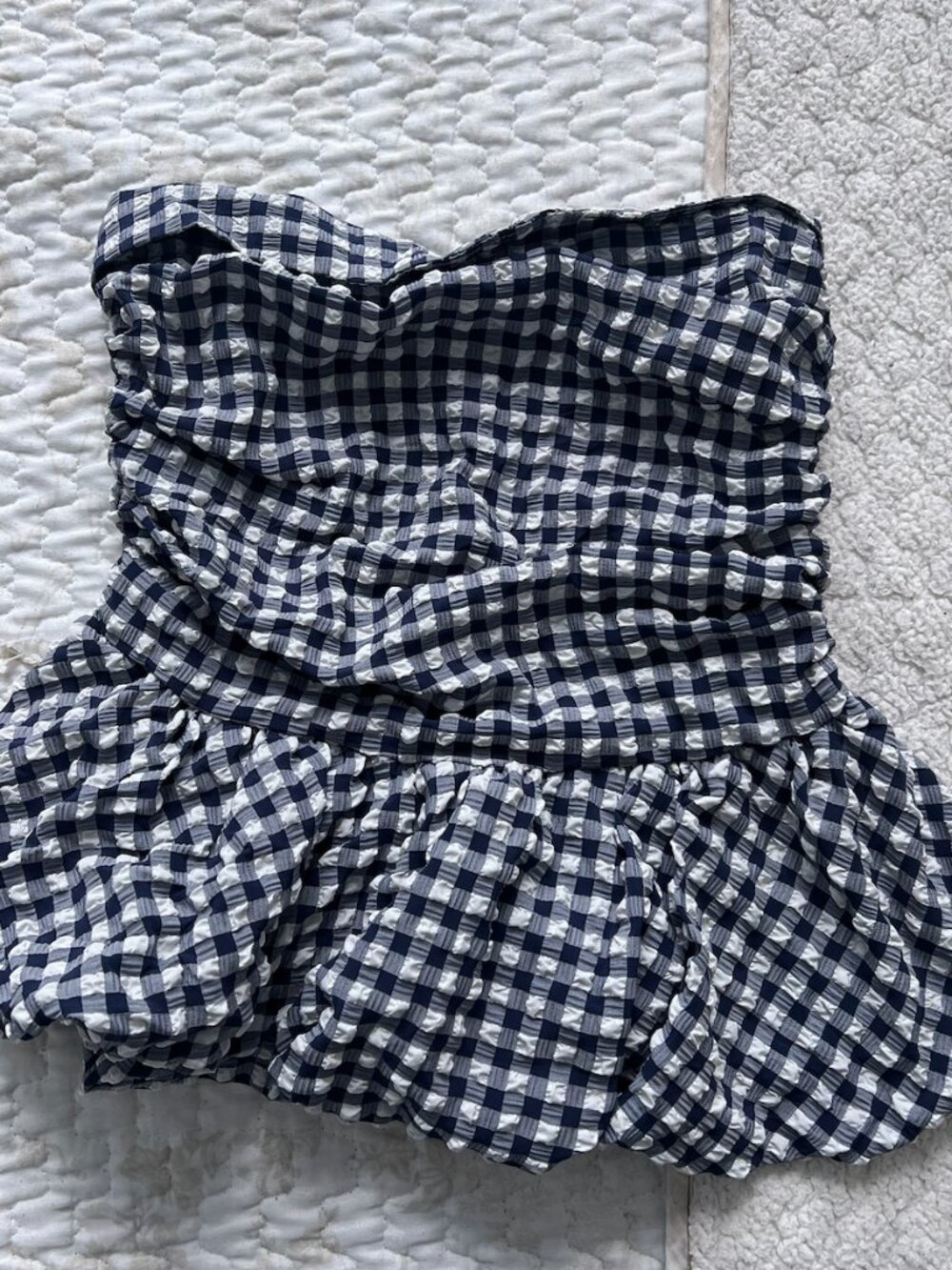 Navy Blue & White Gingham Strapless Top – Size S